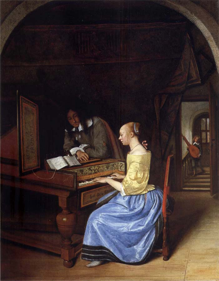 A young woman playing a harpsichord to a young man